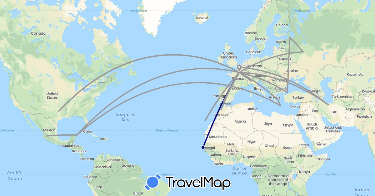 TravelMap itinerary: driving, plane in Spain, France, Greece, Iran, Italy, Morocco, Mexico, Russia, Senegal, Turkey, United States (Africa, Asia, Europe, North America)
